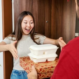 Food delivery makes a woman very happy.